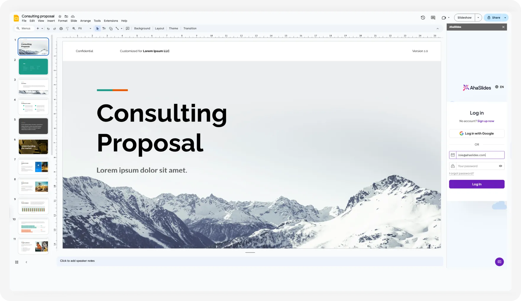 AhaSlides interactive presentation integrating with Google Slides on the right side of the screen