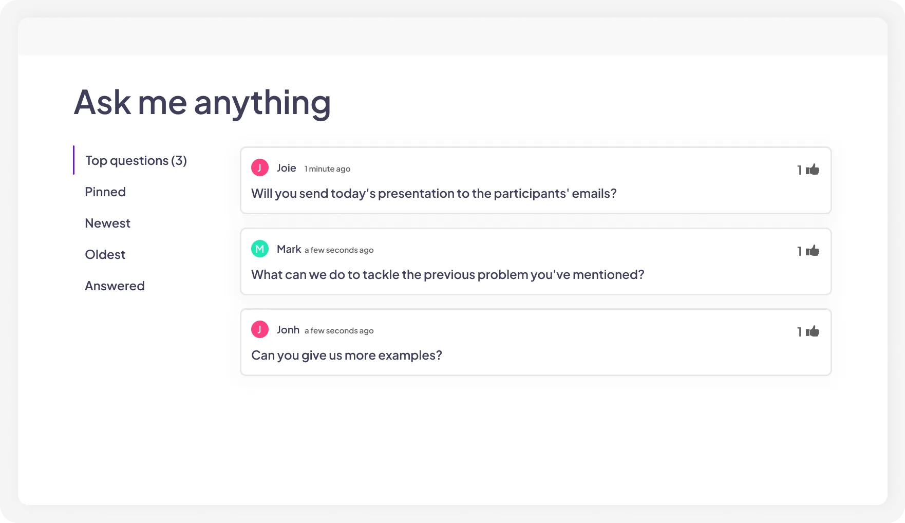 A screen showing participants' questions with the option to upvote and mark as answered on AhaSlides