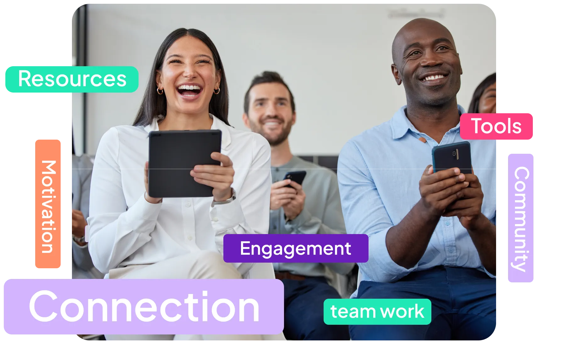 A crowd looking engaged and happy while submitting responses to the AhaSlides word cloud maker