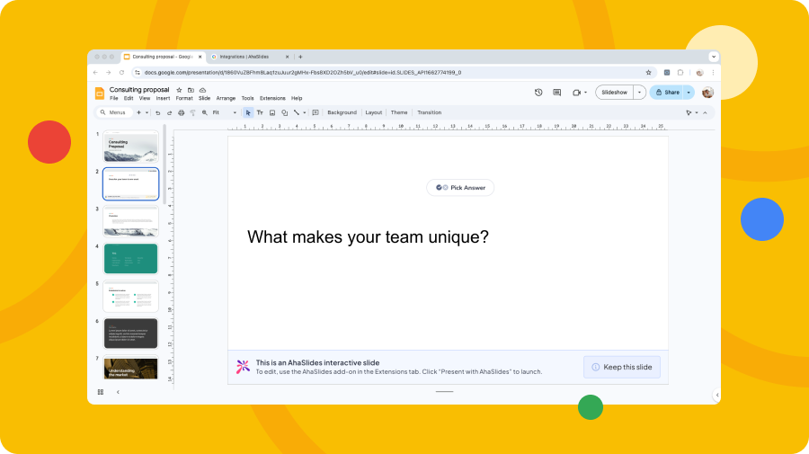 A pick answer quiz from AhaSlides on Google Slides