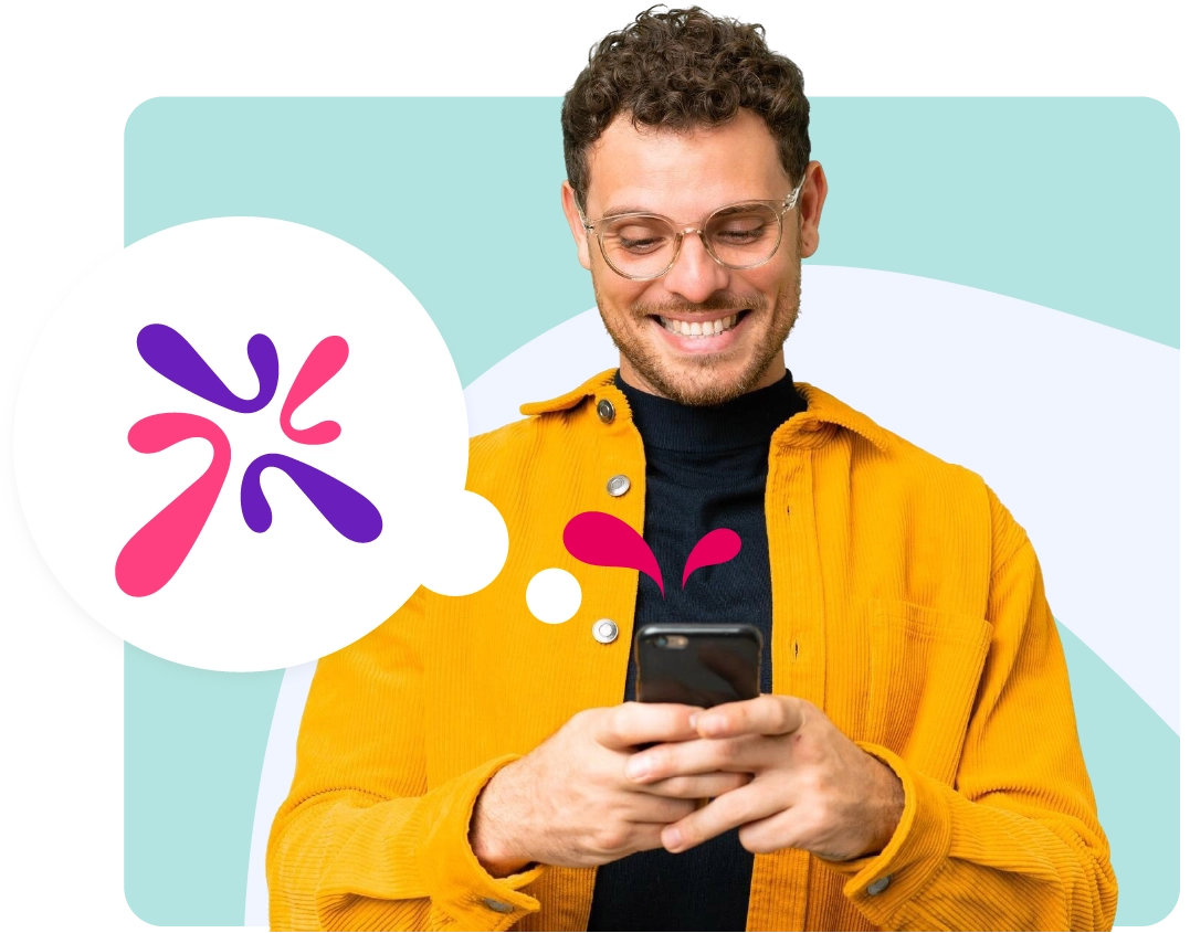 Man smiling at his phone with a thought bubble showing the AhaSlides logo.