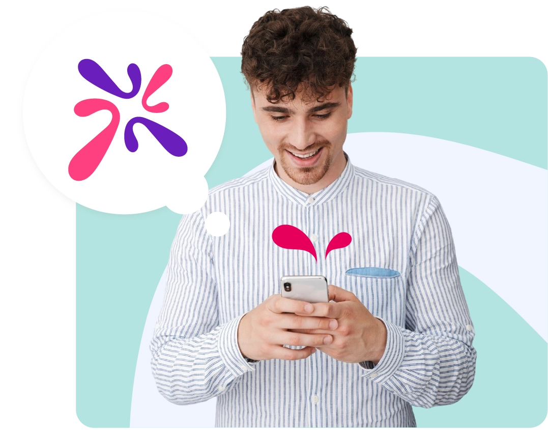 Man smiling at his phone with a thought bubble showing the AhaSlides logo.