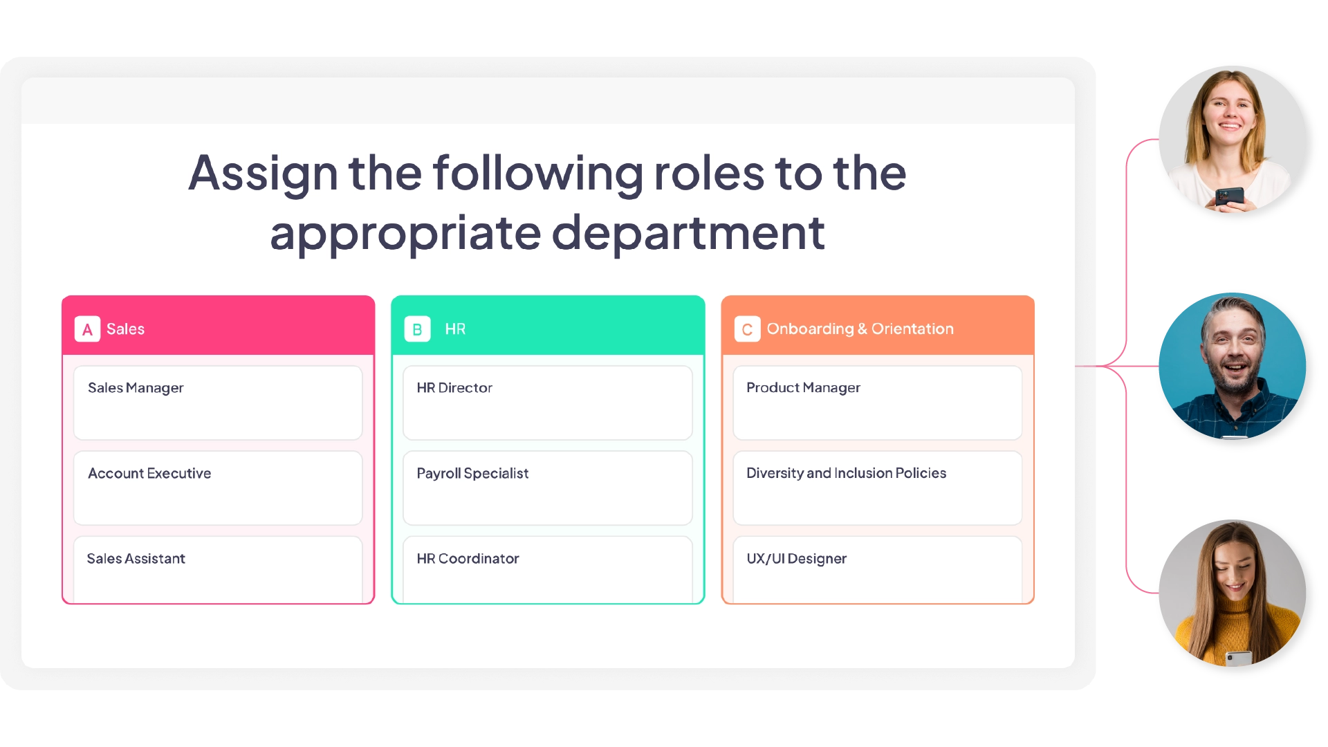Categorise slide with connecting lines to participant photos, showing interaction.