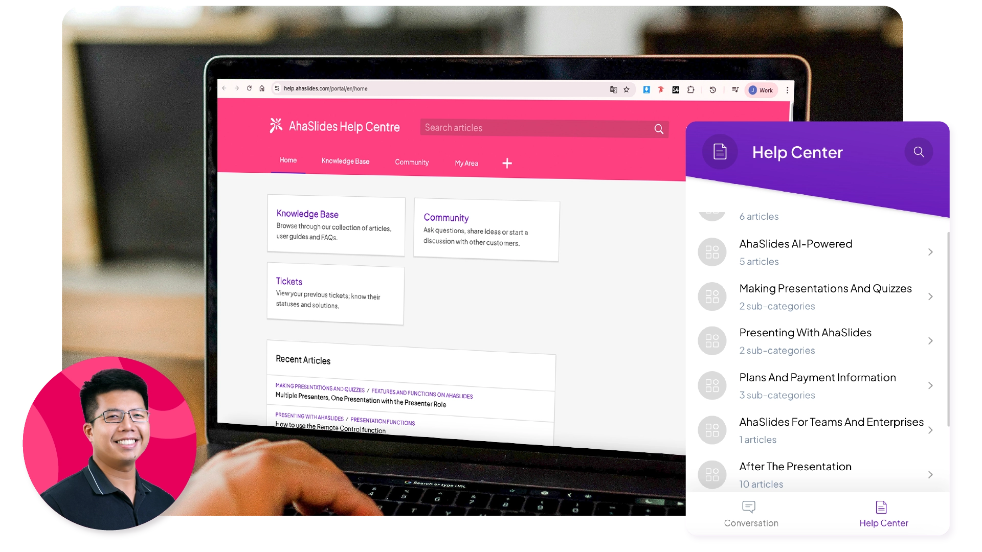 Laptop showing the AhaSlides Help Center beside a support team member.