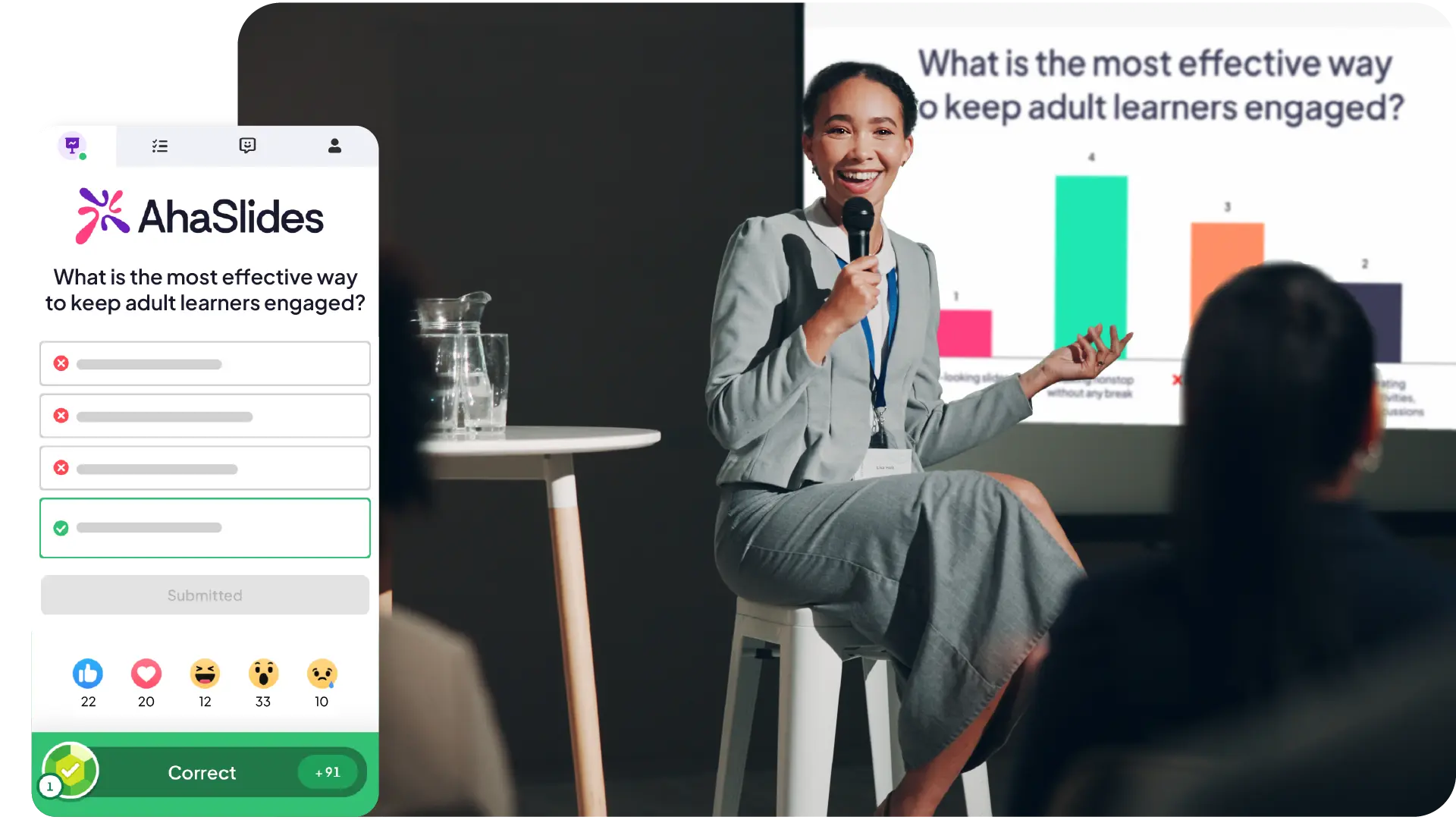 A speaker presenting to the crowd using AhaSlides interactive presentation platform