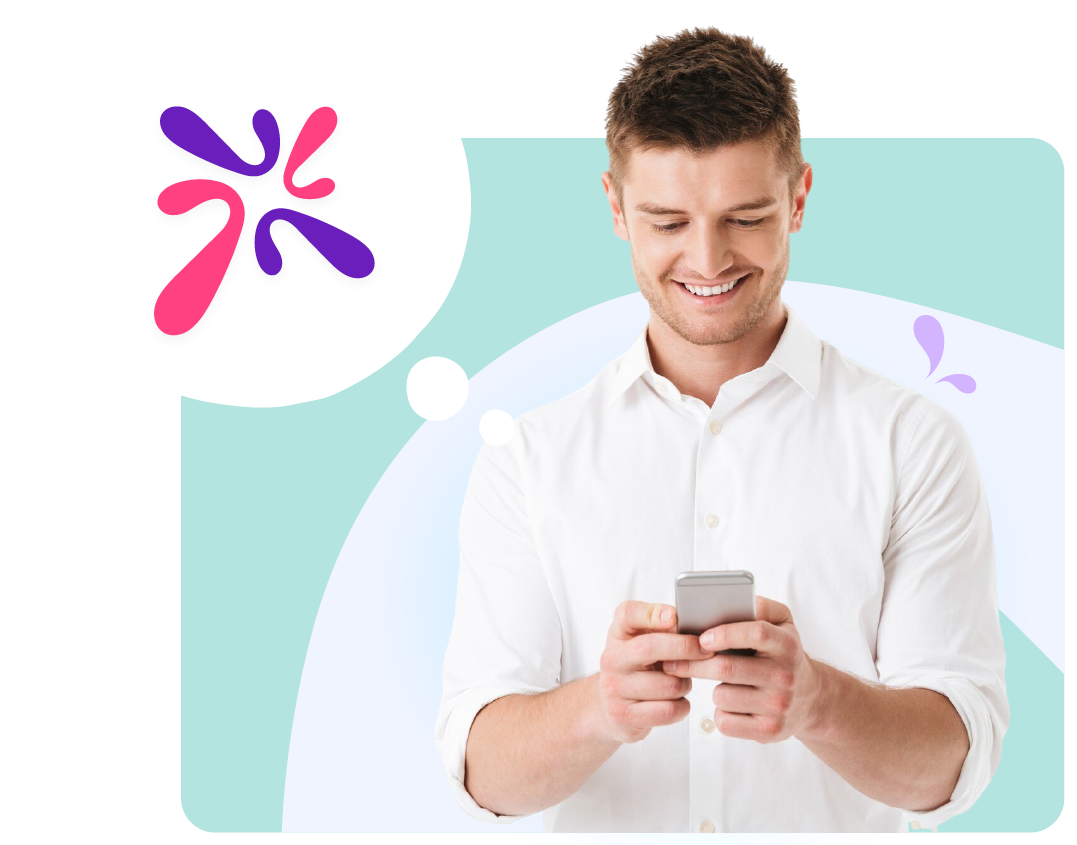 Man smiling at his phone with a thought bubble showing the AhaSlides logo.