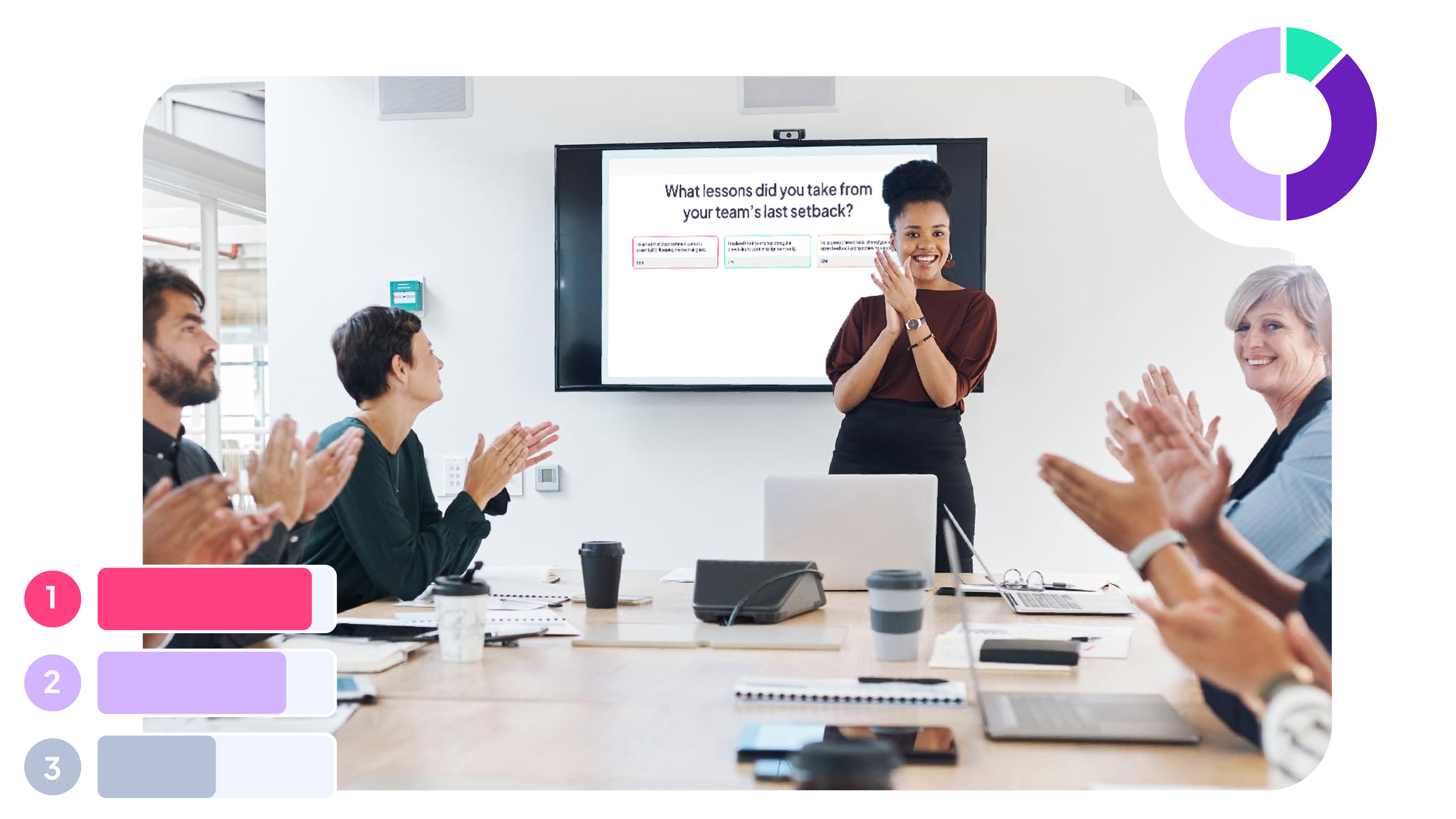 People seated around a table applauding a presenter at the front of the room.