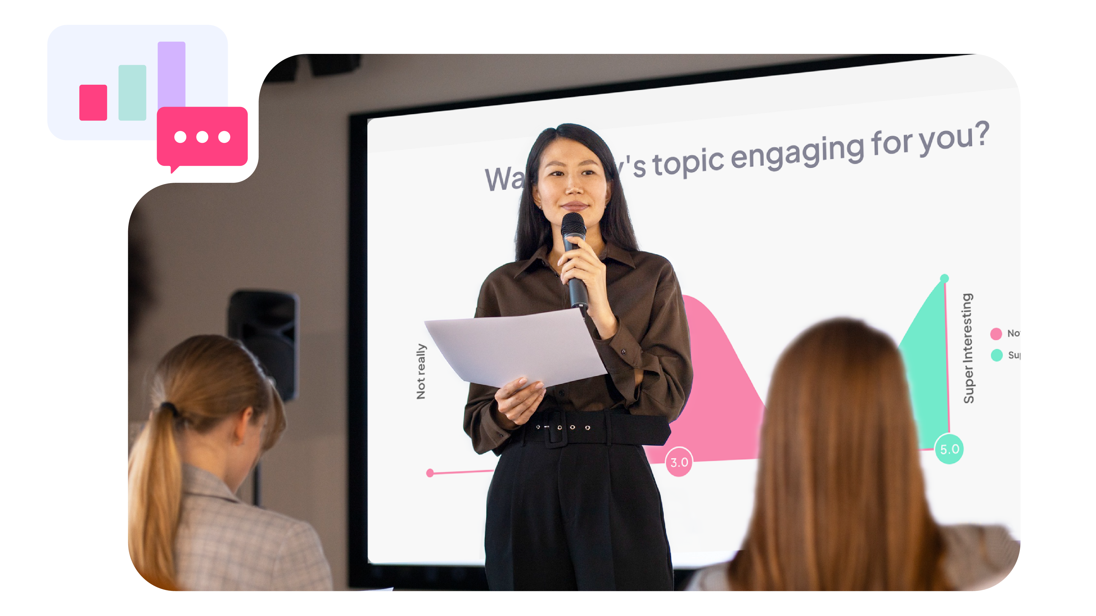 Woman presenting with a microphone in front of a projected slide.