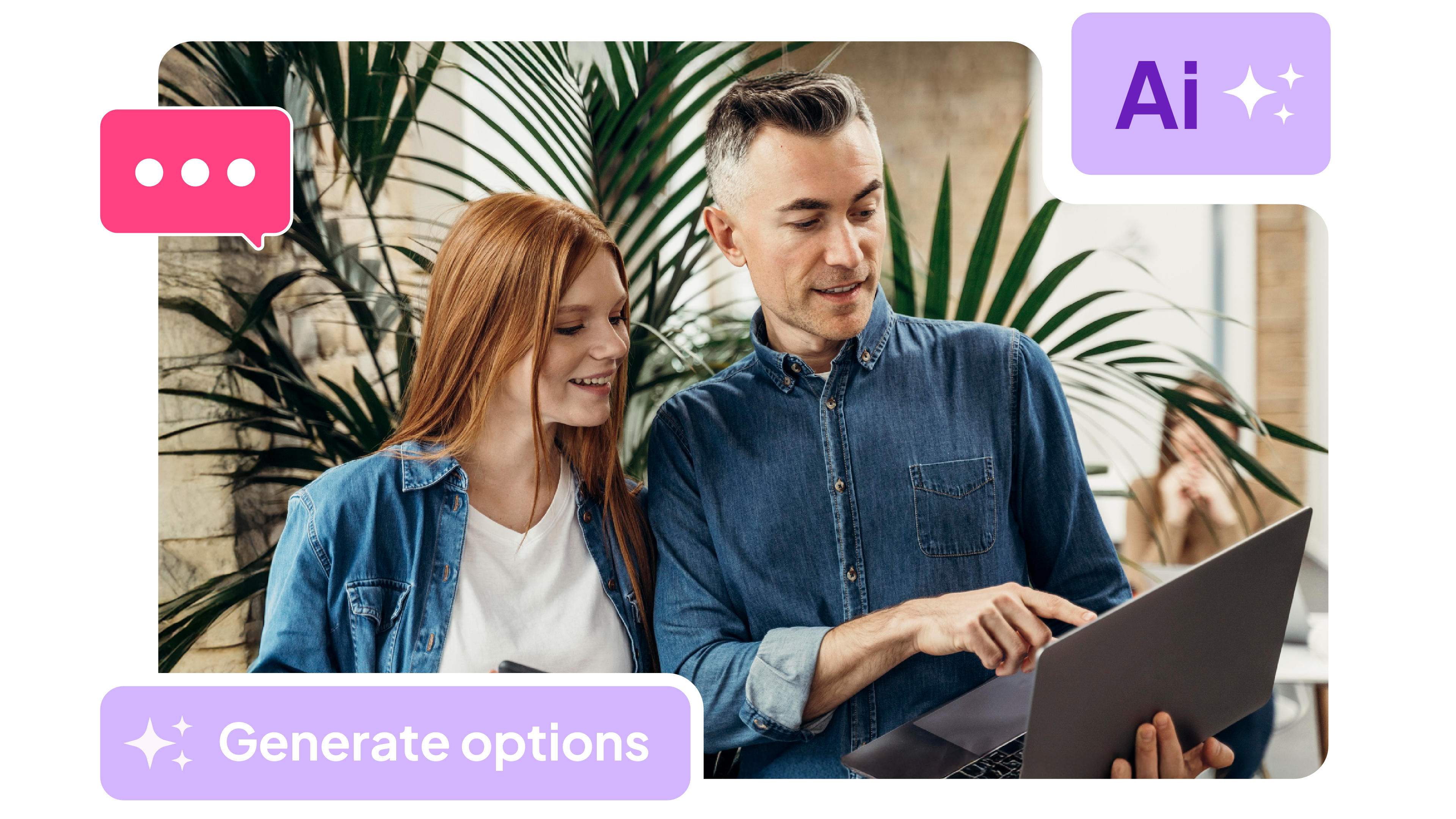 Two people looking at a laptop with AI option buttons around it.