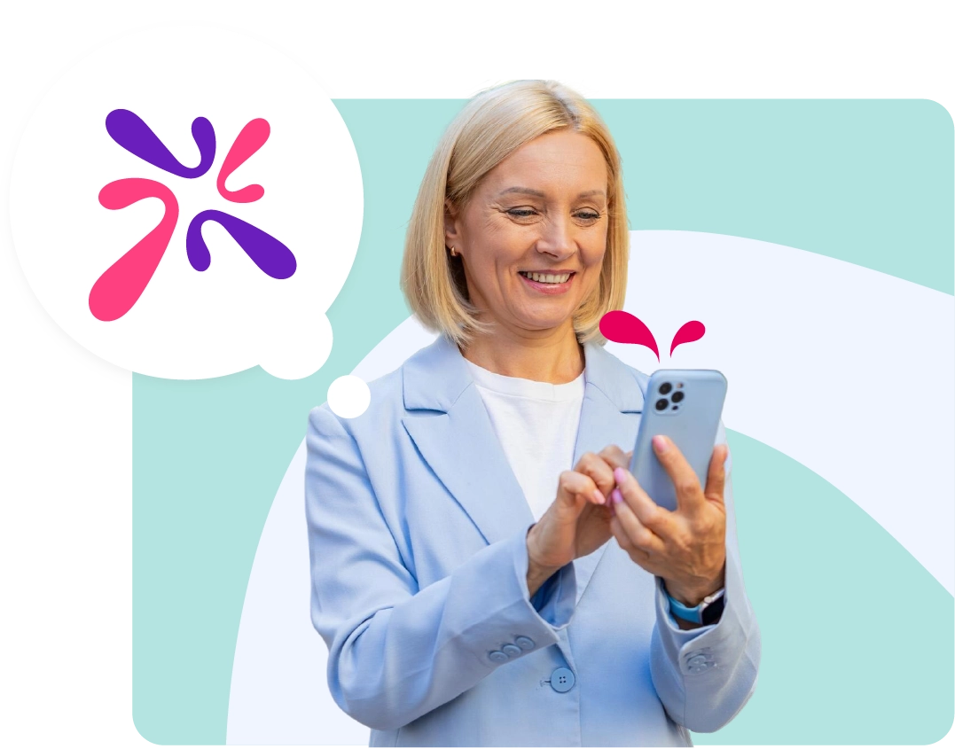 Woman smiling at her phone with a thought bubble showing the AhaSlides logo.