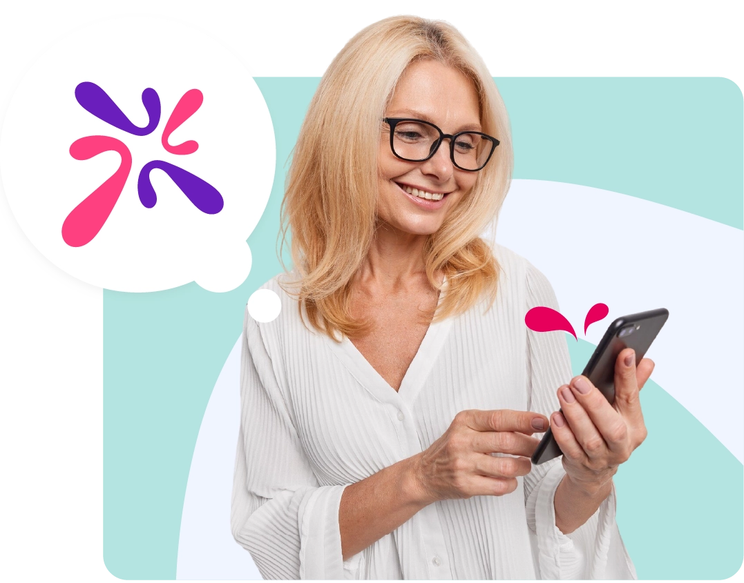 Woman smiling at her phone with a thought bubble showing the AhaSlides logo.