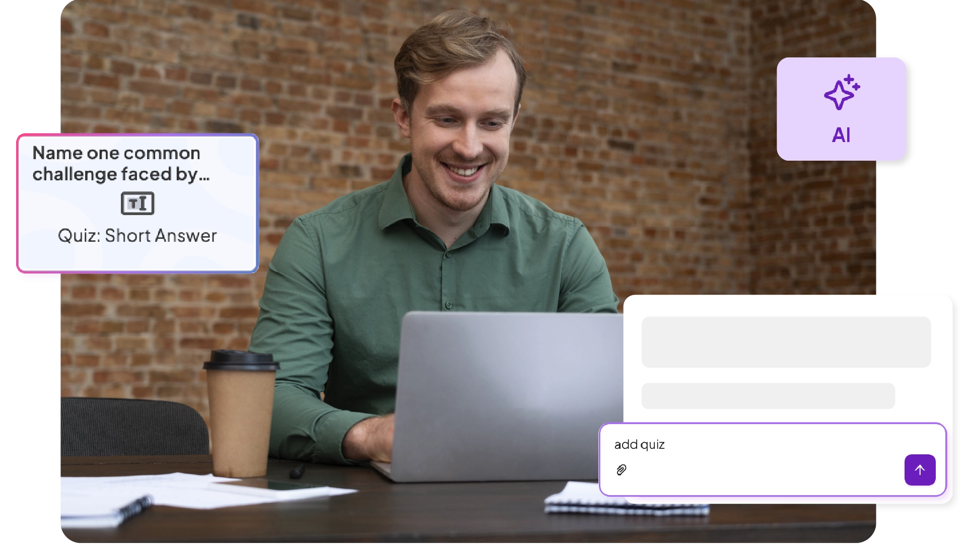 Man smiling at his laptop with AI-generated quiz prompts displayed.