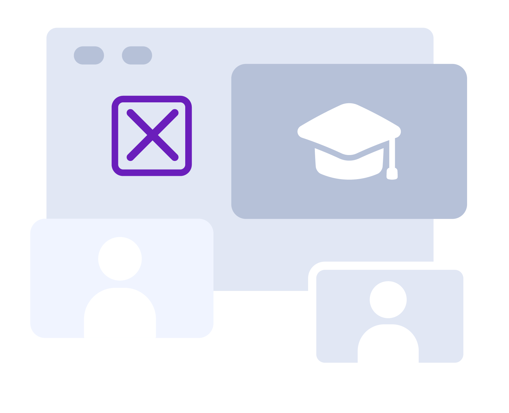 Presentation window icon with a graduation cap and X symbols.