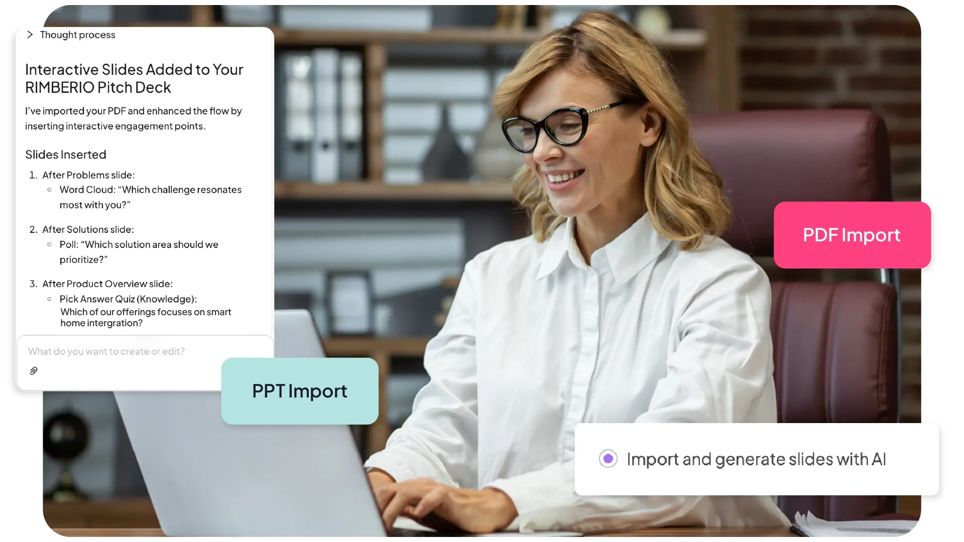 Woman using a laptop with PDF, PPT, and AI import buttons displayed.
