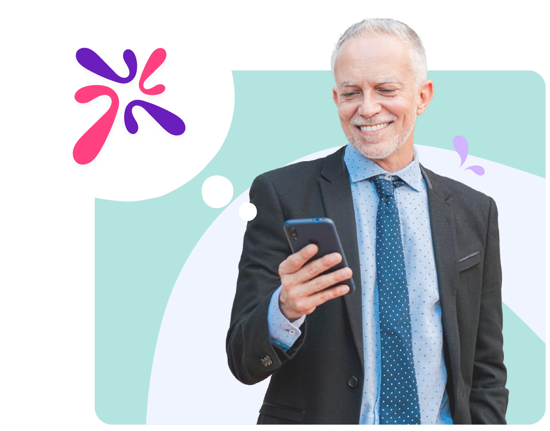 Man smiling at his phone with a thought bubble showing the AhaSlides logo.