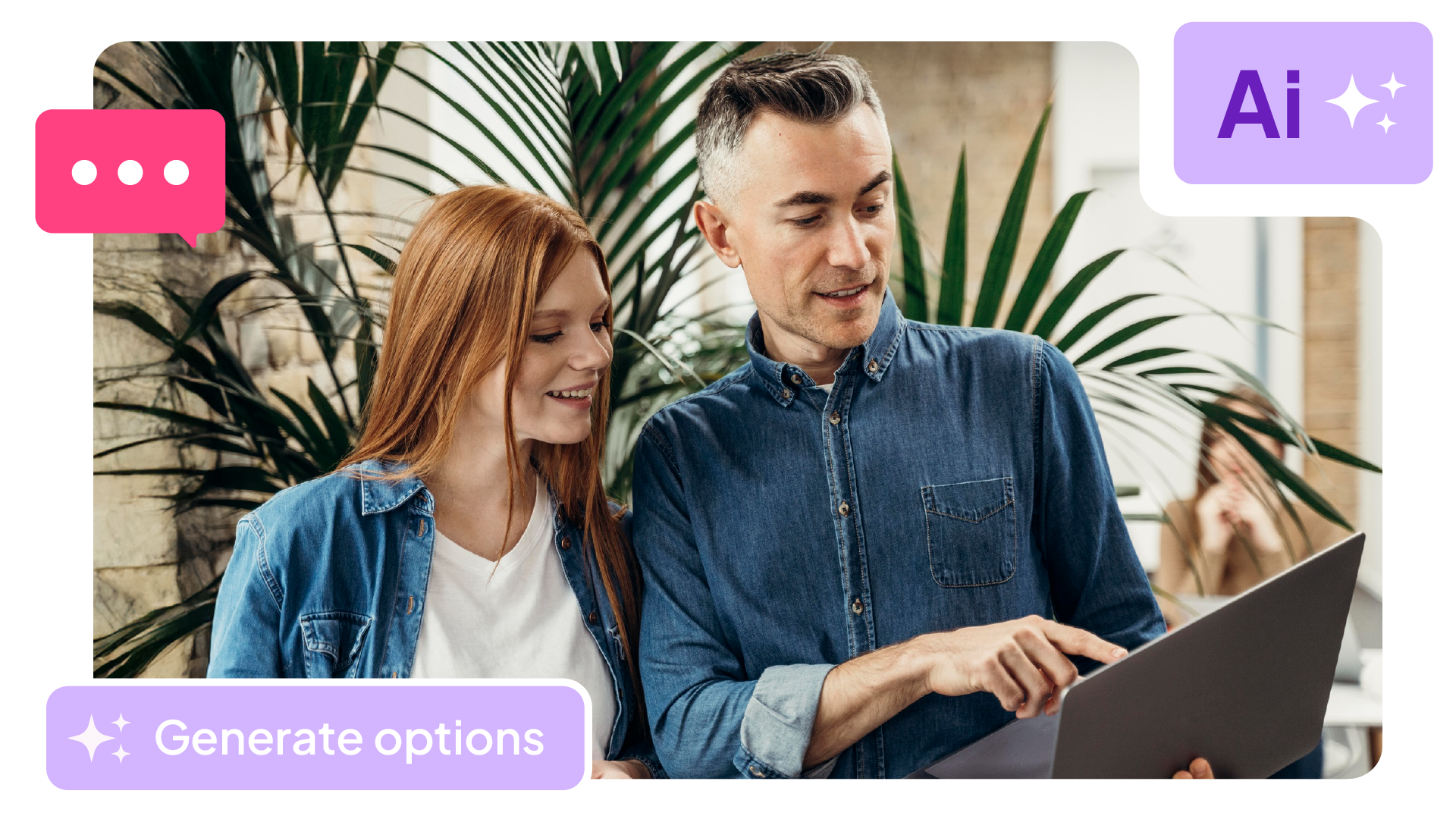 Two people smiling while using AI tools on a laptop.