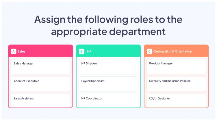 AhaSlides categorize activity slide for sorting roles into departments