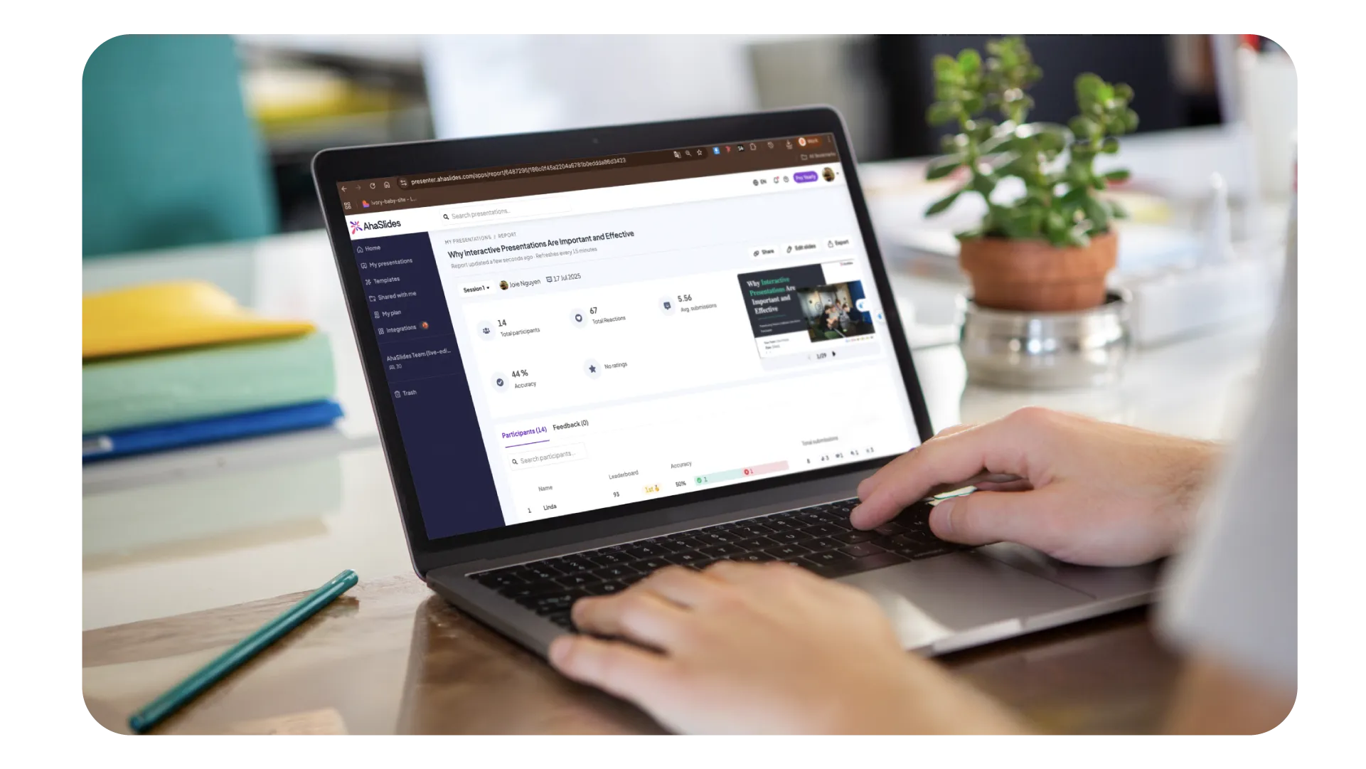 Person using a laptop showing an interactive presentation dashboard on AhaSlides with participant statistics and quiz question feedback highlighting an incorrect response.