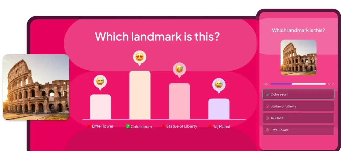 AhaSlides quiz feature showing a live audience participation quiz with real-time results