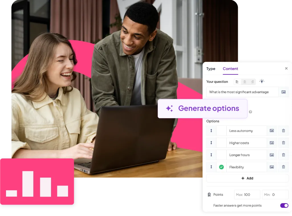 People participating in a AI-generated quiz at a meeting, looking happy and cheerful