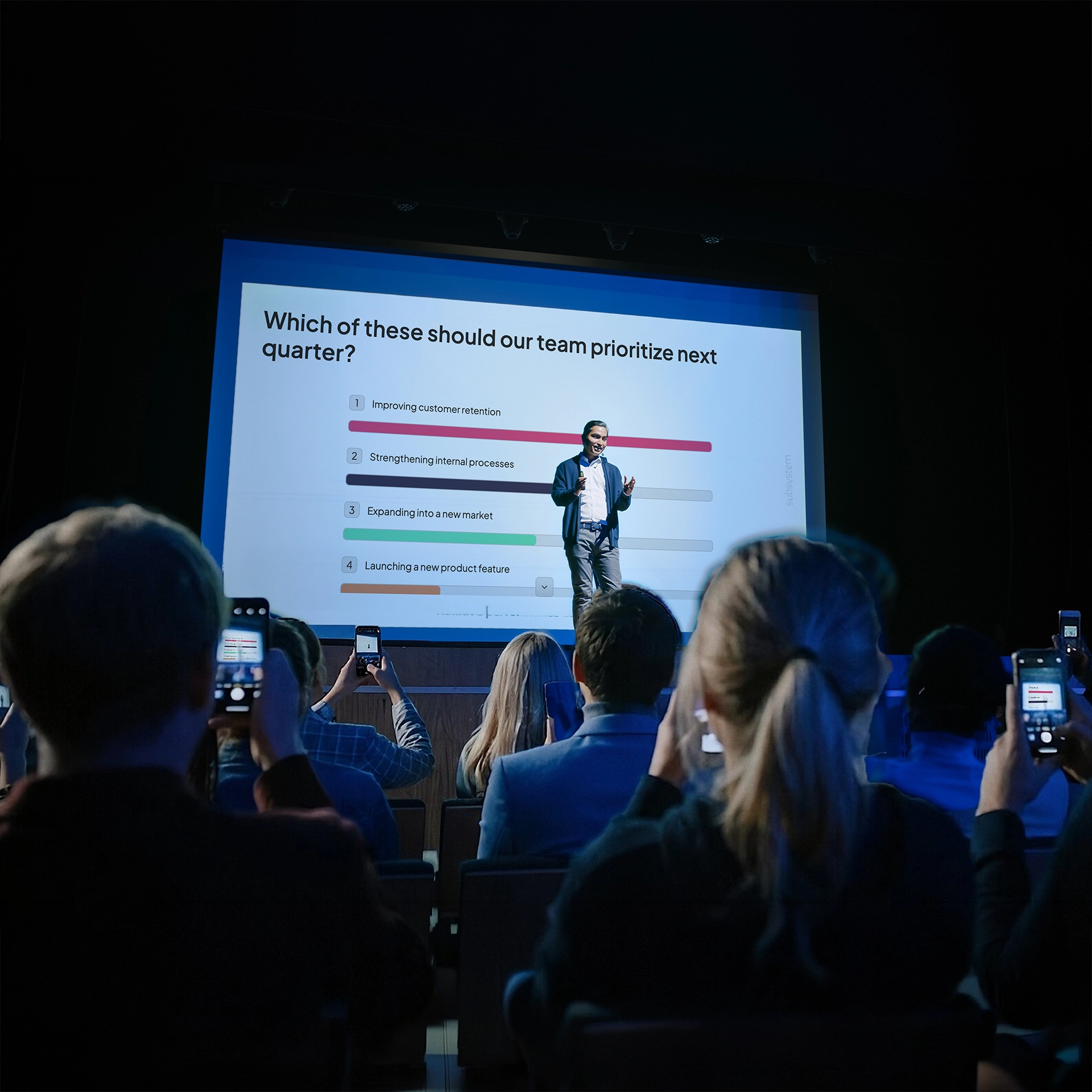 A group of people at a conference using AhaSlides ranking poll to vote on session topics