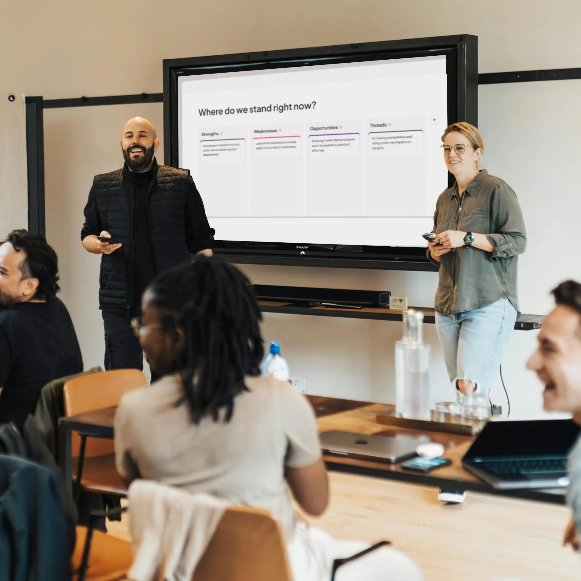 A team in a meeting using AhaSlides ranking poll to compare initiatives and rank priorities