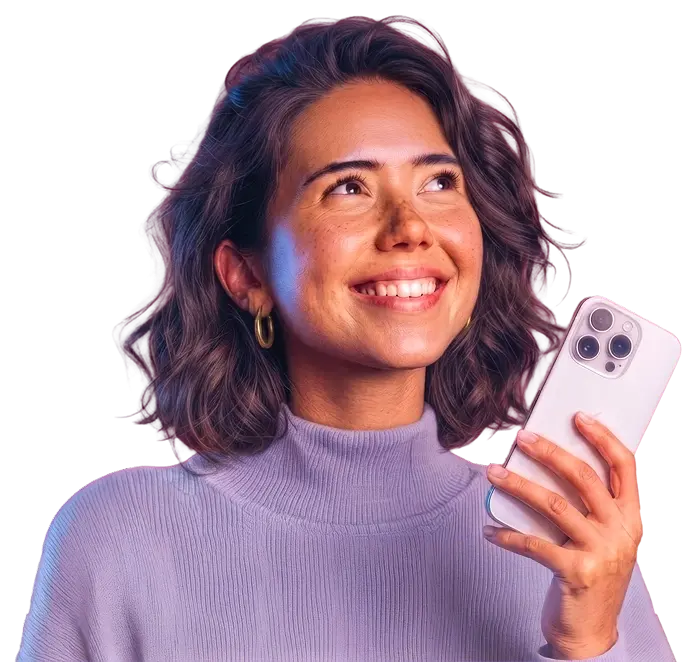 Woman smiling while using AhaSlides on her phone