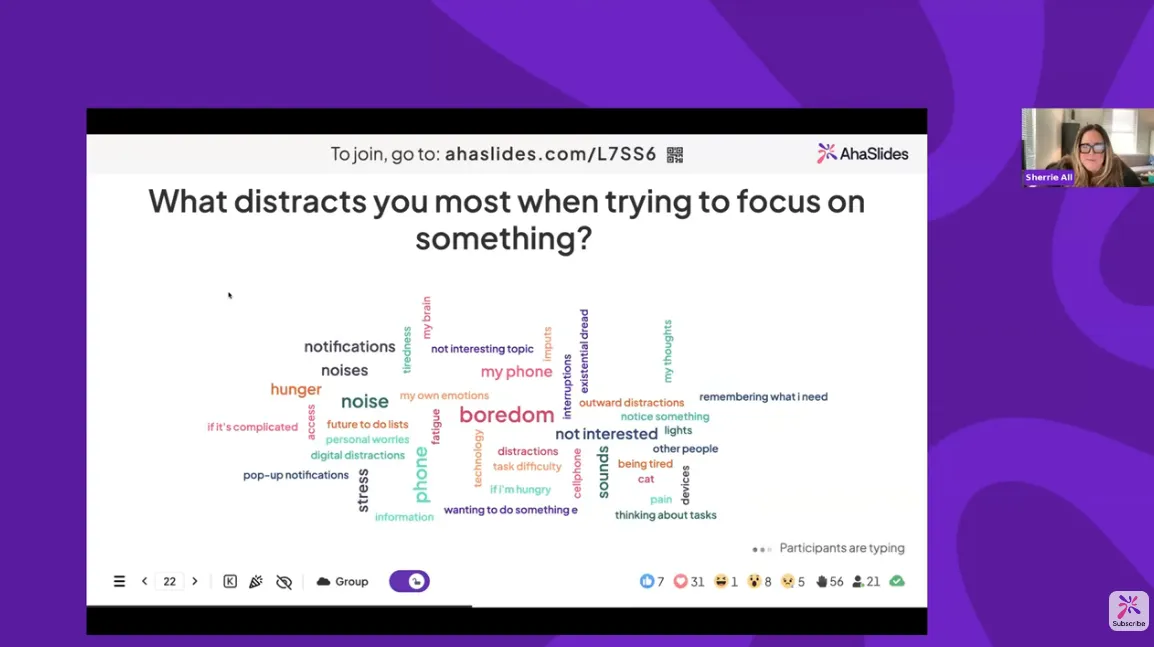 Dr. Sherri All, 'Bir şeye odaklanmaya çalışırken sizi en çok ne dikkat dağıtıyor?' sorusuyla ilgili bir kelime bulutu sergiliyor.