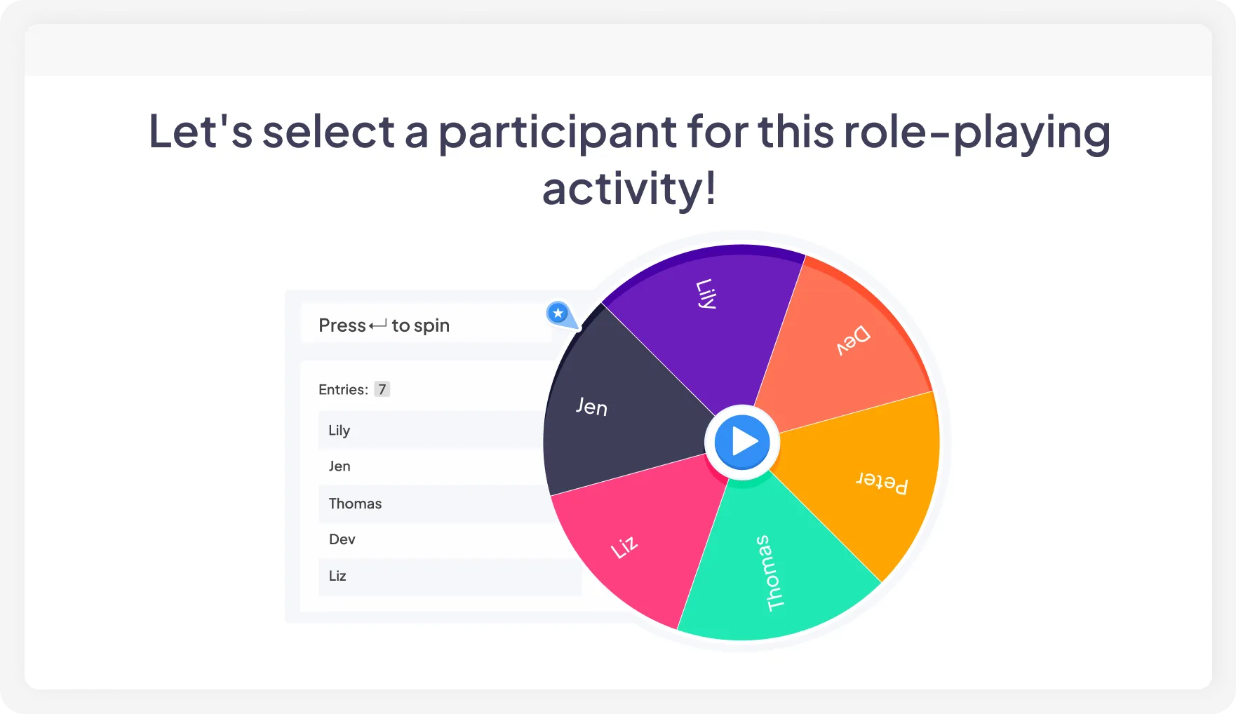 AhaSlides spinner wheel interface showing a colorful wheel with participant names ready to spin