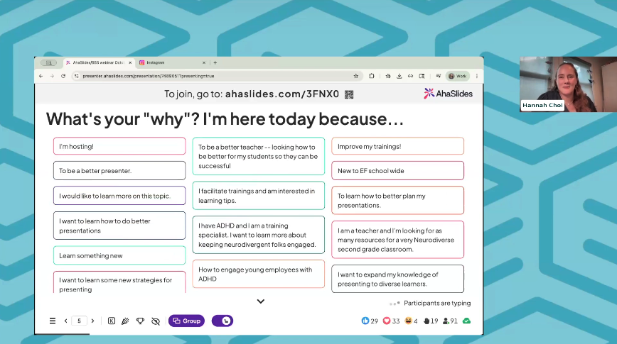 Hannah Choi presenting on AhaSlides for the webinar Presenting for every brain