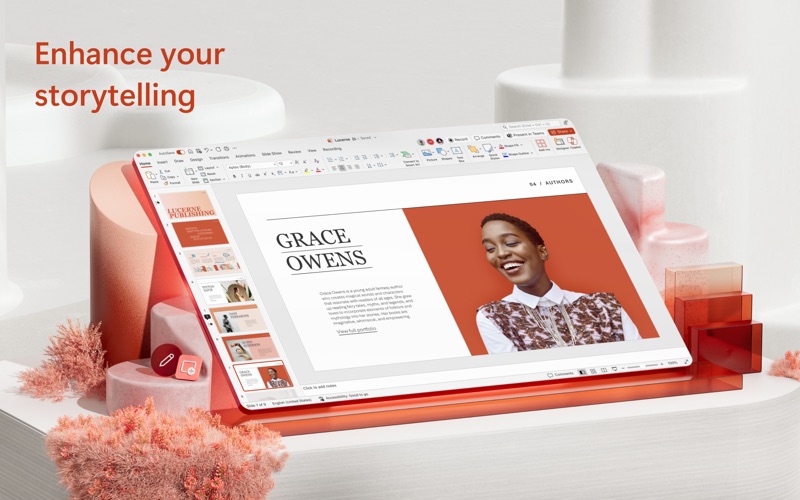 在 Mac 上使用 Microsoft PowerPoint 簡報編輯器介面,顯示投影片設計