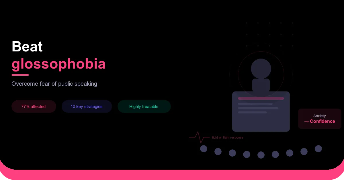 Beat glossophobia hero image showing a speaker at a podium with audience silhouettes and anxiety to confidence transformation theme