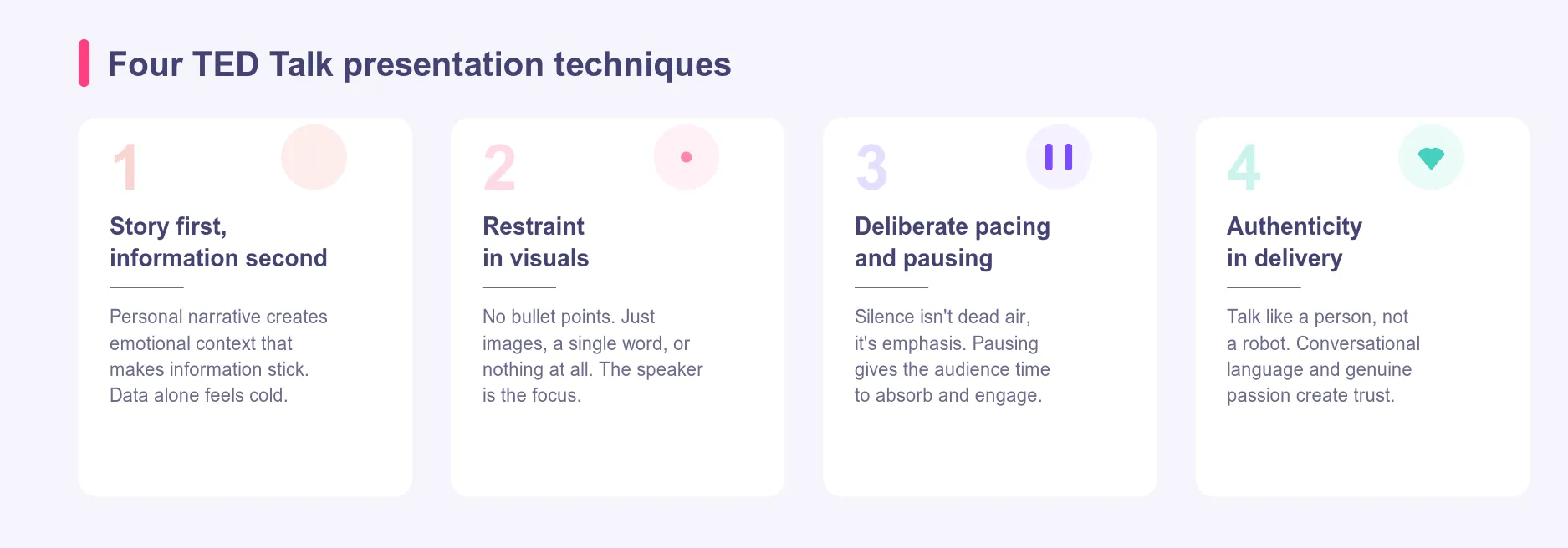 Four TED Talk presentation techniques: story first, restraint in visuals, deliberate pacing and pausing, and authenticity in delivery