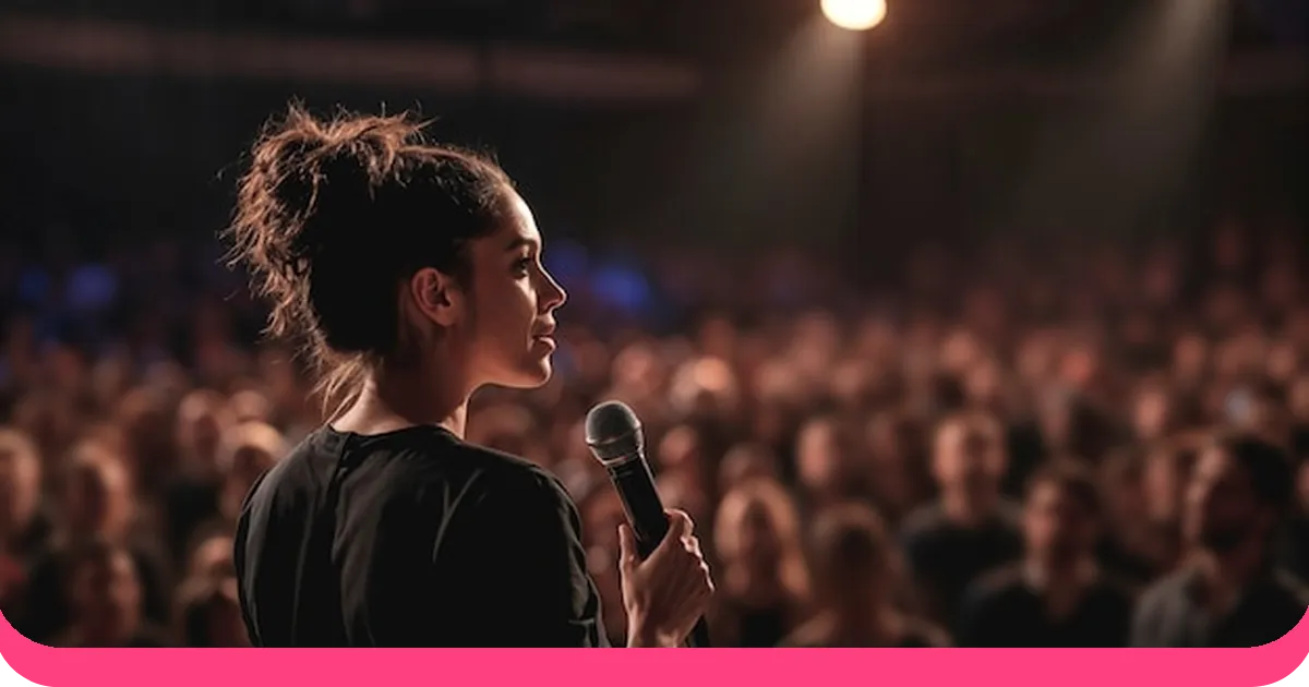 Woman speaker giving a TED Talk-style presentation on stage with microphone to a large audience