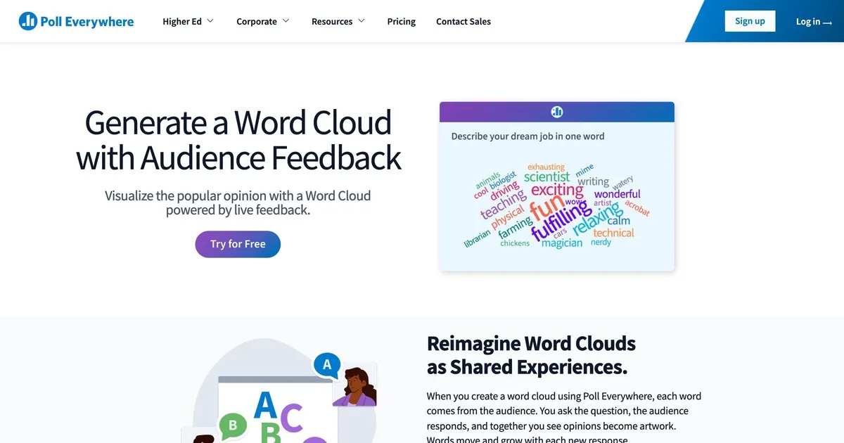 Poll Everywhere word cloud feature page with audience feedback visualization