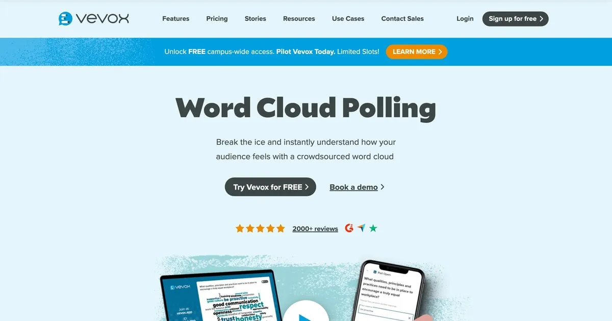 Vevox word cloud polling feature page with audience engagement tools