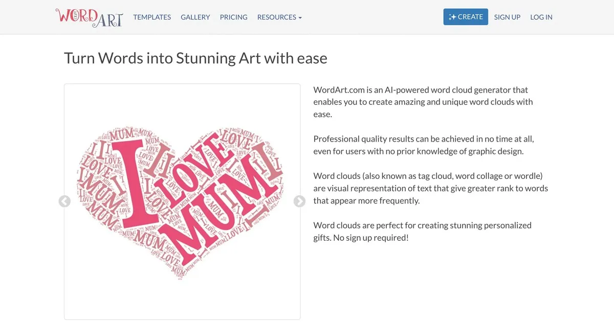 WordArt.com homepage showing a decorative word cloud design tool