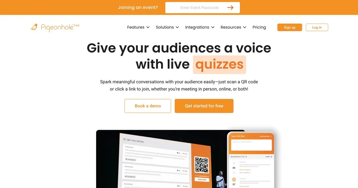 Pigeonhole Live event platform homepage with live Q&A and polling features