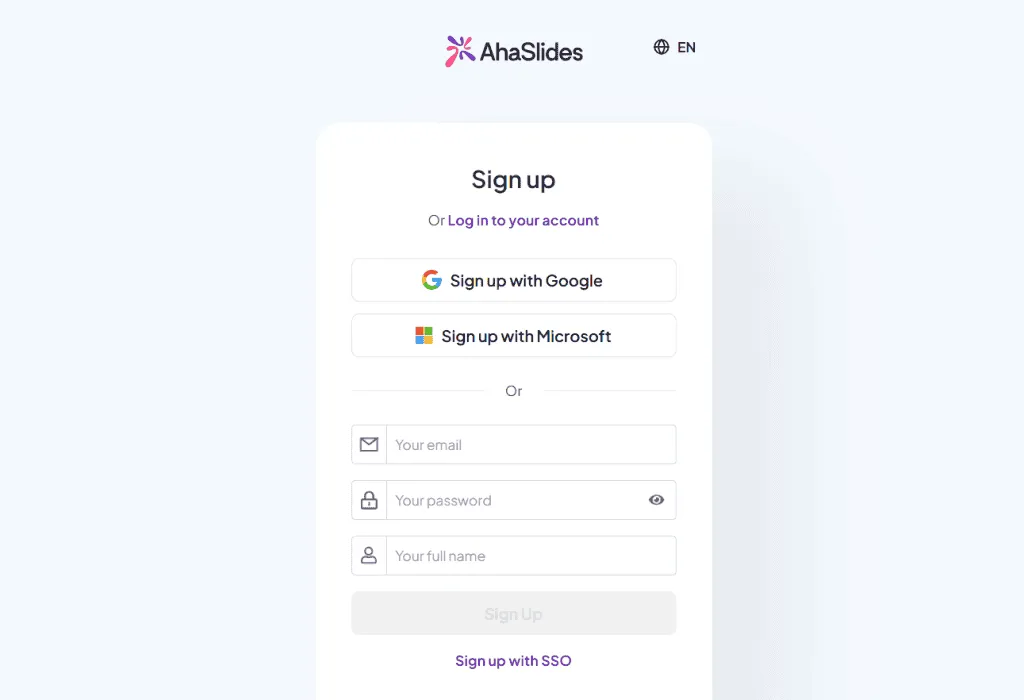 AhaSlides sign up menu