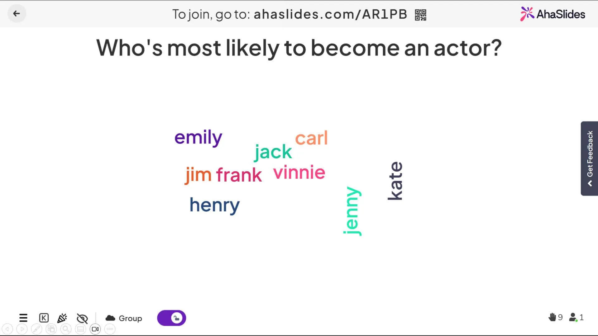 A word cloud updating with live responses from the audience, using AhaSlides.