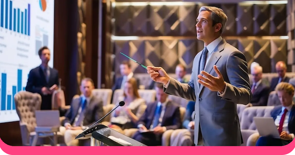 Speaker presenting at podium during a debate or conference