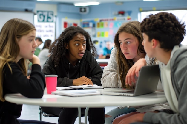 Students engaged in group discussion around a table in a classroom