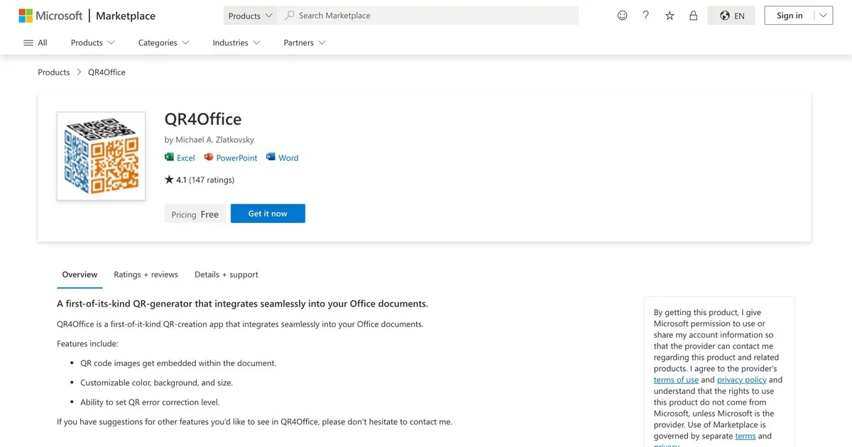 Doplnok QR4Office v Microsoft AppSource na vkladanie prispôsobiteľných QR kódov do PowerPointu