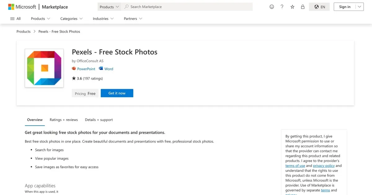 Zoznam doplnku Pexels pre bezplatné fotografie z fotobanky na Microsoft AppSource pre PowerPoint