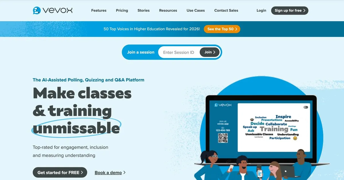 Vevox polling and quizzing platform homepage