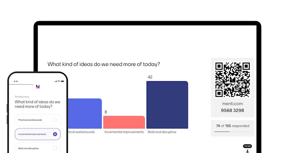 Mentimeter polling interface showing live bar chart results