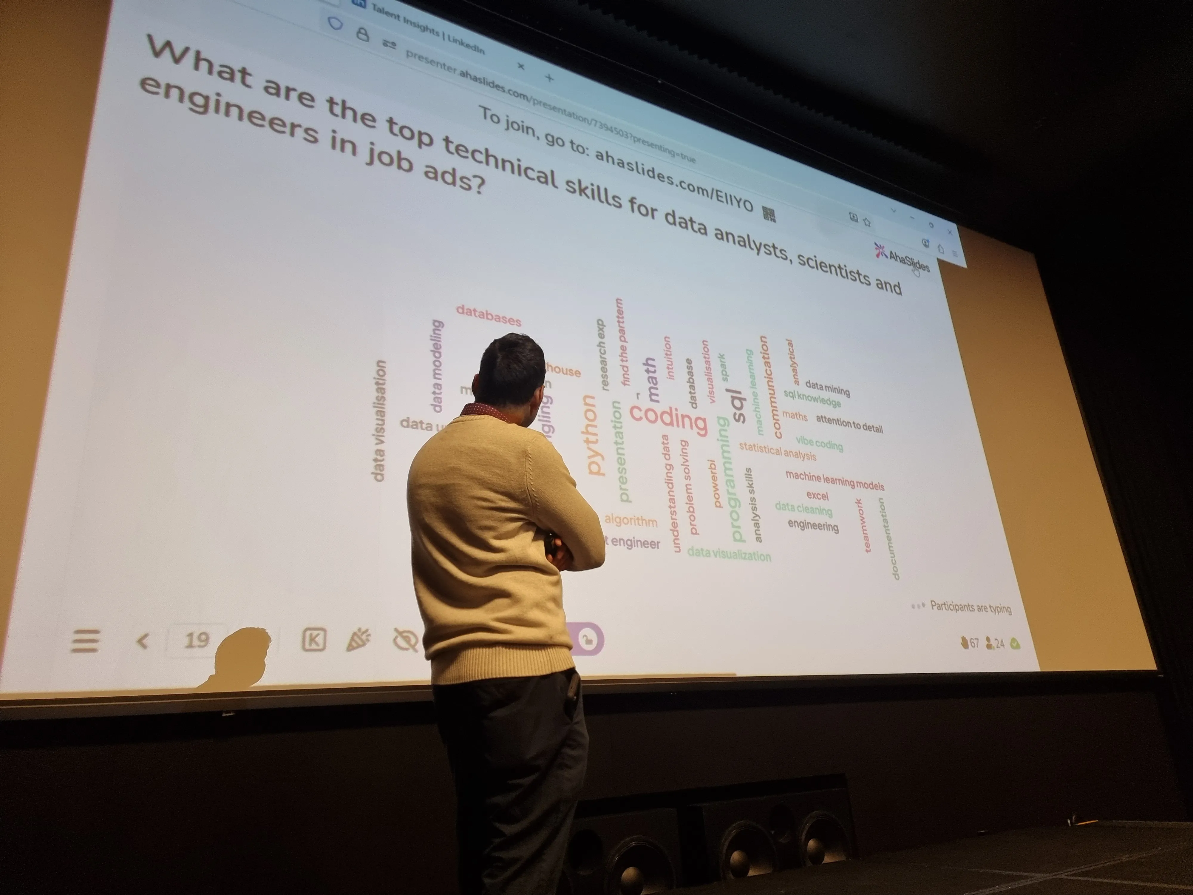 A man is doing a presentation using AhaSlides on a projector