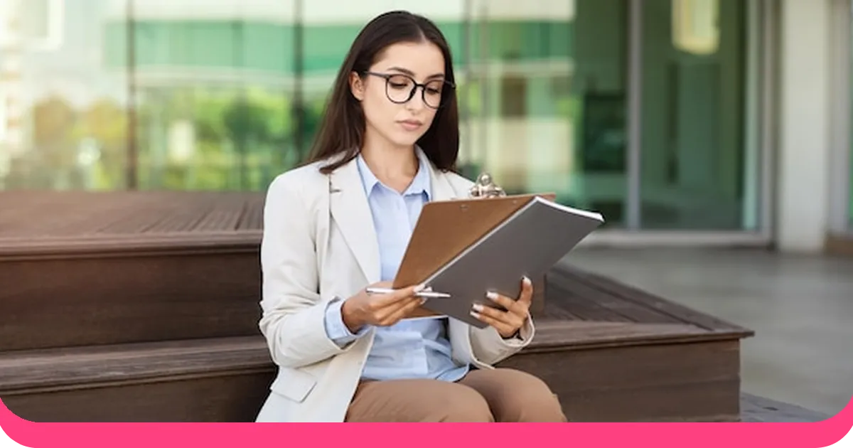 Professional woman with clipboard reviewing questionnaire outside office