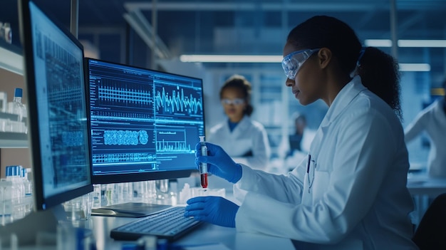 Scientist reviewing research data at computer in lab
