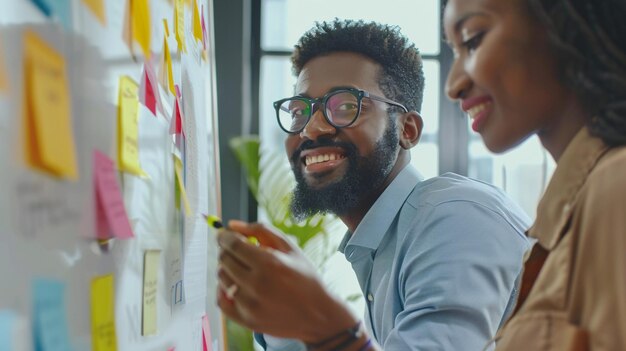 Två kollegor skriver på post-it-lappar på whiteboardtavlan på kontoret